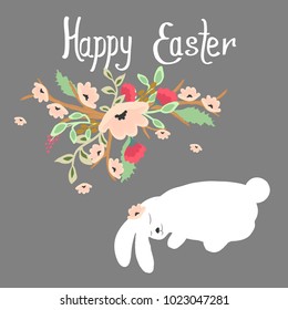 Card with "Happy Easter" phrase  and illustration bunny and flower