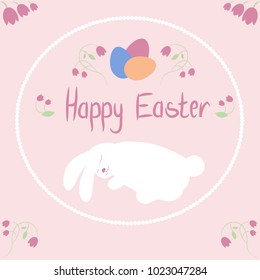 Card with "Happy Easter" phrase  and illustration bunny and flower