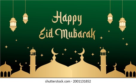 Tarjeta Feliz Eid Mubarak Oro y fondo verde, adecuado para el fondo de Ramadán y tarjetas Eid, pegatinas, banderas