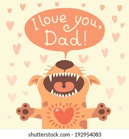 Card Happy Father's Day with a funny puppy. Vector illustration.