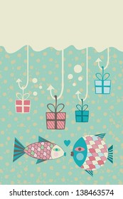 Card with happy fish couple, present boxes in fishing hooks and space for your text