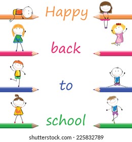 Card with happy kids and colorful crayons