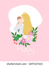 Card with happy mother receiving flowers from her son. International women's day greeting card. Vector illustration. Russian handwritten phrase for mothers day