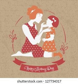 Card of Happy Mother's Day. Beautiful mother silhouette with her daughter