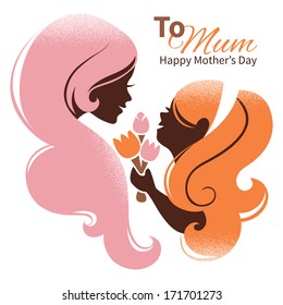 Card of Happy Mother's Day. Beautiful mother silhouette with her daughter and flowers