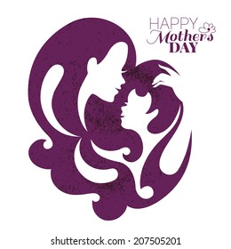 Card of Happy Mother's Day. Beautiful mother silhouette with her daughter 