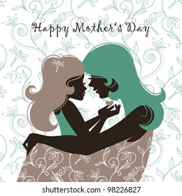 Card of Happy Mothers Day. Beautiful mother silhouette with her daughter