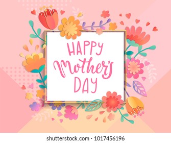 Card for happy mother's day in square frame on geometric background pastel colors with beautiful flowers. Vector illustration template, banner, flyer, invitation, poster.