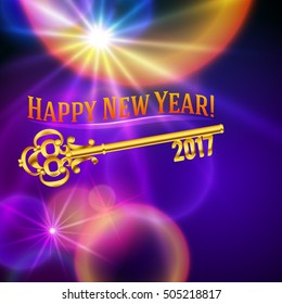 Card Happy New Year 2017 on bright red background festive glittering gold confetti & vintage golden key. Concept of the beginning year open path prosperity & well-being. Vector illustration EPS 10