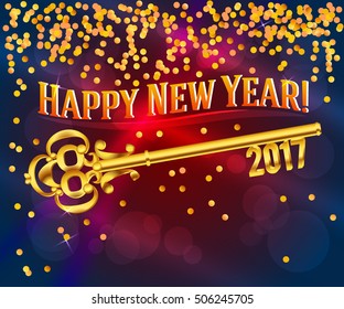 Card Happy New Year 2017 on bright red background festive glittering gold confetti & vintage golden key. Concept of the beginning year open path prosperity & well-being. Vector illustration EPS 10