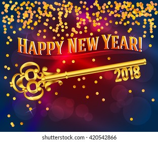 Card Happy New Year 2018 on bright red background festive glittering gold confetti & vintage golden key. Concept of the beginning year open path prosperity & well-being. Vector illustration EPS 10