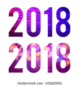Card Happy New Year 2018 on white background festive Effect cut paper figures bright blur purple drawing. Vector illustration EPS 10 Can be used for title of calendar, greeting card, annual report