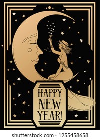 Card for happy new year in art deco style witn crescent  and retro woman  drinking champagne, black and gold, vector illustration