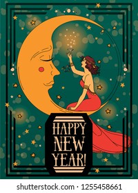 Card for happy new year in art deco style witn crescent  and retro woman  drinking champagne, flapper lady in red dress, vector illustration
