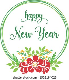 Card happy new year, with beautiful red flower frame. Vector