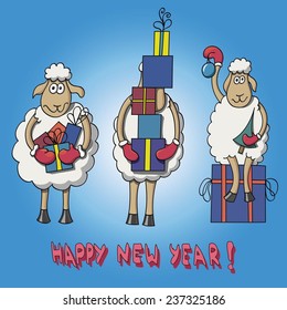 Card Happy New Year with cartoon sheep