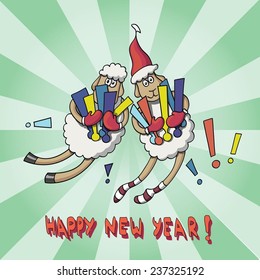 Card Happy New Year with cartoon sheep
