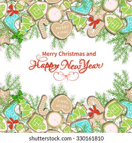 Card happy new year with collection of gingerbread and Christmas-tree branches 