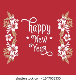 Card happy new year, with leaf floral frame, isolated on red background. Vector