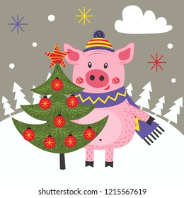 card happy new year with pig and christmas tree - vector illustration, eps