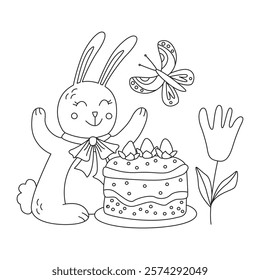 Card with a happy smiling bunny with an easter cake, a butterfly and a flower. Vector illustration in hand drawn doodle style ideal for coloring