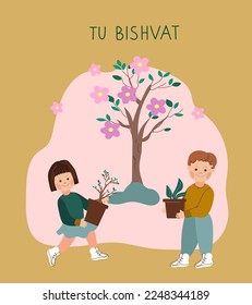 Card Happy Tu Bishvat. New Year for Trees. Jewish holiday.Children standing under a blooming tree preparing to plant saplings for Tu Bishvat. Vector doodle cartoon illustration.