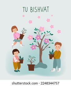 Card Happy Tu Bishvat. New Year for Trees. Jewish holiday.Children standing under a blooming tree preparing to plant saplings for Tu Bishvat. Vector doodle cartoon illustration.