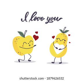 The card for Happy Valentine's Day. The fruit characters are blowing air kisses with a phrase - I love you. An apple, a pear is a vector illustration. The image is in trendy yellow and gray. 