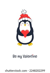 Tarjeta Feliz Día de San Valentín. Ilustración vectorial con pingüinos lindos y corazón.