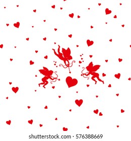 Card Happy Valentine's Day. Vector silhouette three Cupid to aim at target big red heart. It can be used as seamless pattern.