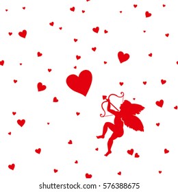 Card Happy Valentine's Day. Vector silhouette Cupid to aim at target big red heart. It can be used as seamless pattern.