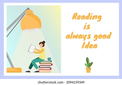 Card with happy young tiny woman reading book under the lamp with a cup of coffee, hoobies concept, education concept, flat vector illustration