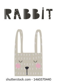 Card with a hare hero. Vector illustration, depicting a cartoon character in the Scandinavian style, for printing on fabric, clothing, dishes, pictures, postcards. Cute baby background.