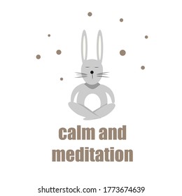 
card with a hare. rabbit in lotus position. meditation. kids drawing in doodle style.