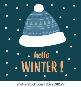 card with hat and lettering hello winter on blue background, cartoon christmas poster