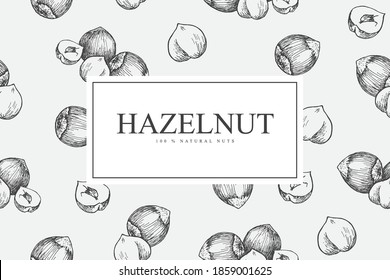 Card with hazelnuts. Vector illustration background with hand drawn sketch. Food pattern for grocery shop. Line art style.