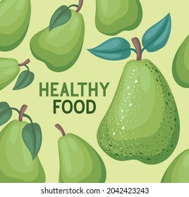 card of healthy food with pears