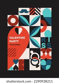 Card with heart. February 14 holiday Valentine Day invitations to costume party for lovers and free people. Banner for night dances. Geometric colorful abstract flyer. Cartoon flat vector illustration