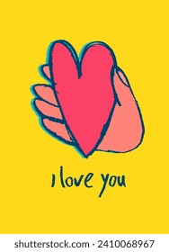 Card with a heart hand drawn like a sketch. Retro 60s, 70s design. Vector element for greeting card, social media post. Love, Romance, Valentines Day concept