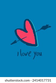 Card with a heart hand drawn like a sketch. Retro 60s, 70s design. Vector element for greeting card, social media post. Love, Romance, Valentines Day concept