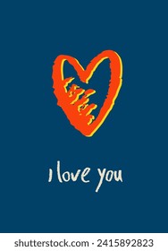 Card with a heart hand drawn like a sketch. Retro 60s, 70s design. Vector element for greeting card, social media post. Love, Romance, Valentines Day concept