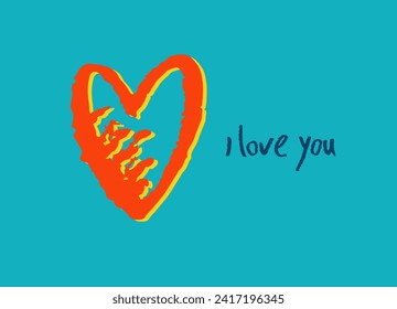 Card with a heart hand drawn like a sketch. Retro 60s, 70s design. Vector element for greeting card, social media post. Love, Romance, Valentines Day concept