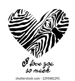 Card with a heart of stripes of zebra, tiger.
