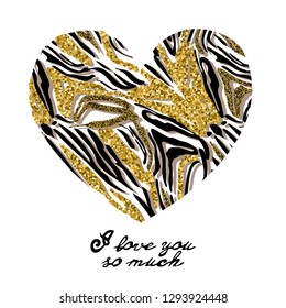 Card with a heart of stripes of zebra, tiger and gold sparkles.