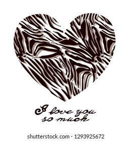 Card with a heart of stripes of zebra, tiger.
