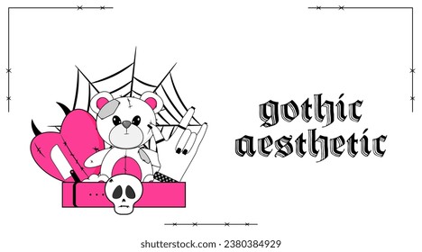 Card with Heart, Teddy Bear toy, hand, skull, web. Inscription Gothic aesthetic. Banner, poster in y2k, 90s, 00s and 2000s style. Emo Goth flyer in black white pink colors. Vector illustration