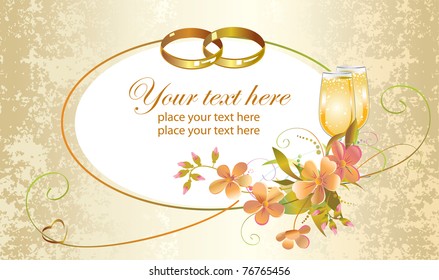 Card with heart, wedding rings, flowers and champagne glasses