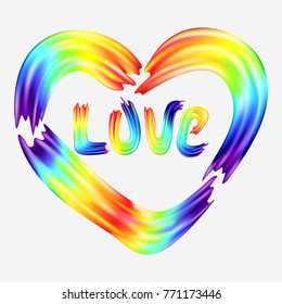 Card with Heart and Word Love in Rainbow Colors. Vector Brushstroke