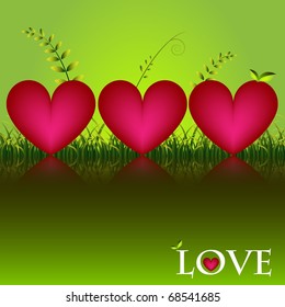 Card with hearts and fresh grass, vector
