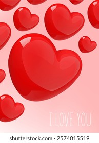 Card with hearts. I love you. Vector icon in 3D plastic style.